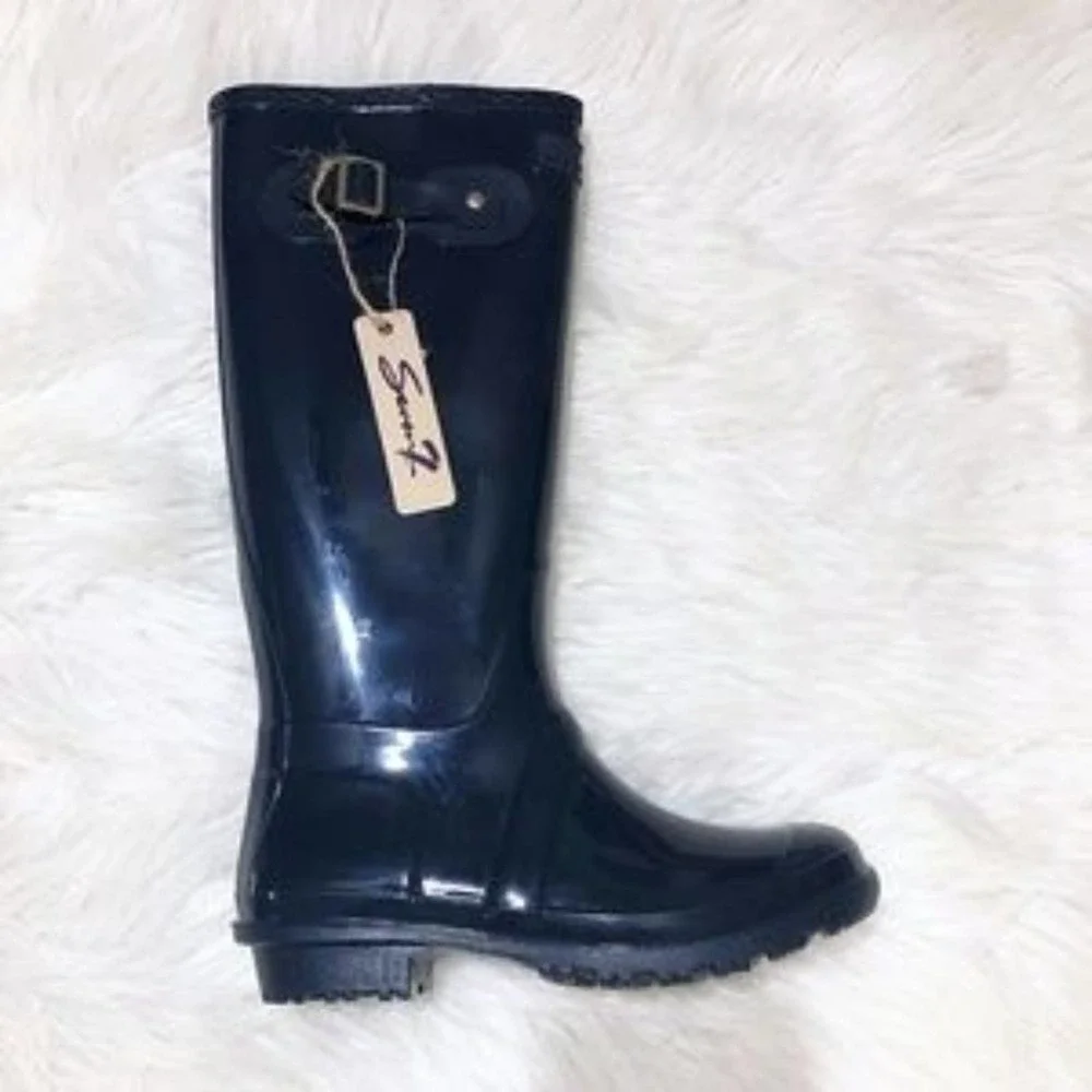 Seven7 British Girl Tall Glossy Rain Boots in Navy Blue - Picture 3 of 9